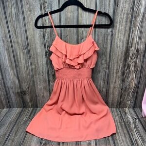 Body Central Coral Ruffle Smocked Waist Spaghetti Strap Dress Women's Size S